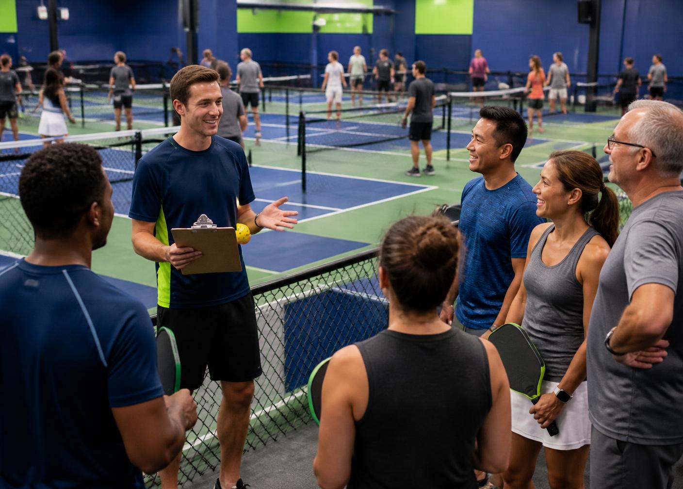An organizer coordinating players during a busy indoor Open Play